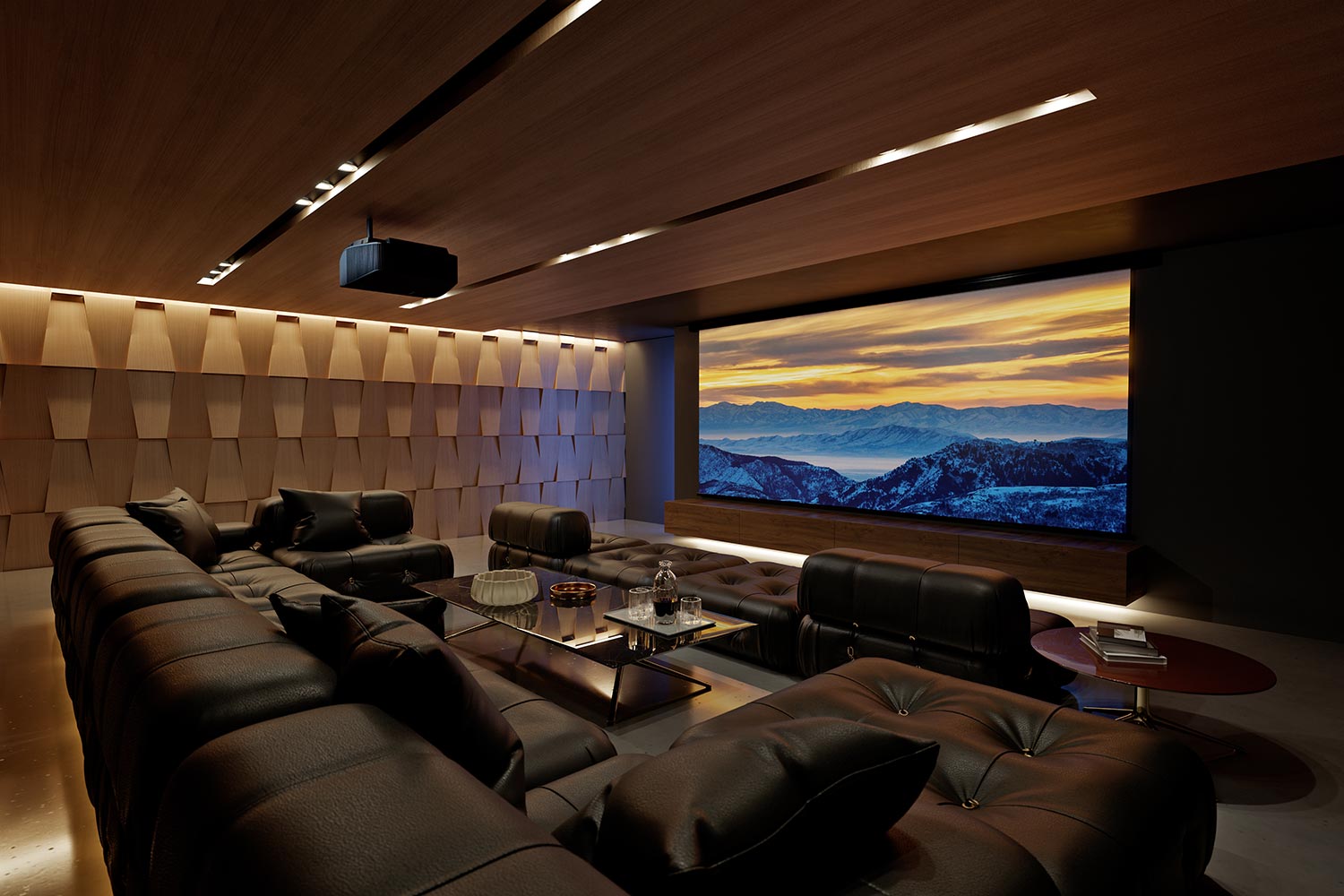 Luxury home theater with a projection screen and ambient smart lighting