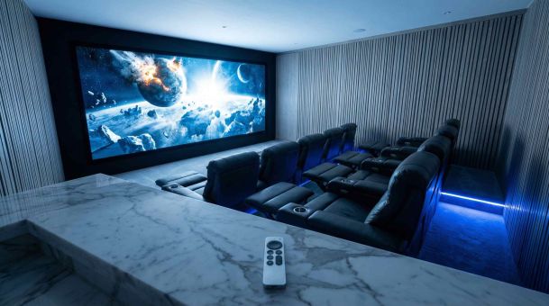 Home theater with tiered recliner seating, big screen, and blue LED lighting