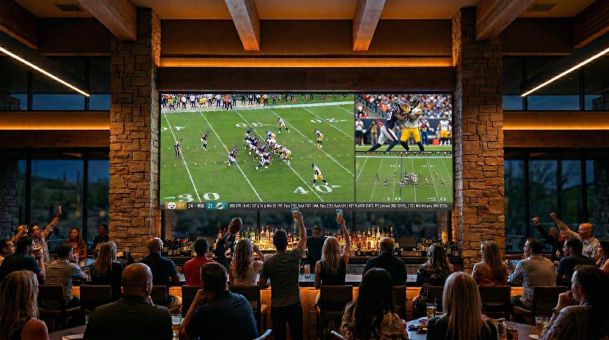 Crowd watching football on a large multi-screen video wall in a sports bar