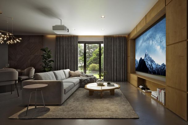Modern living room with a ceiling projector and large projection screen
