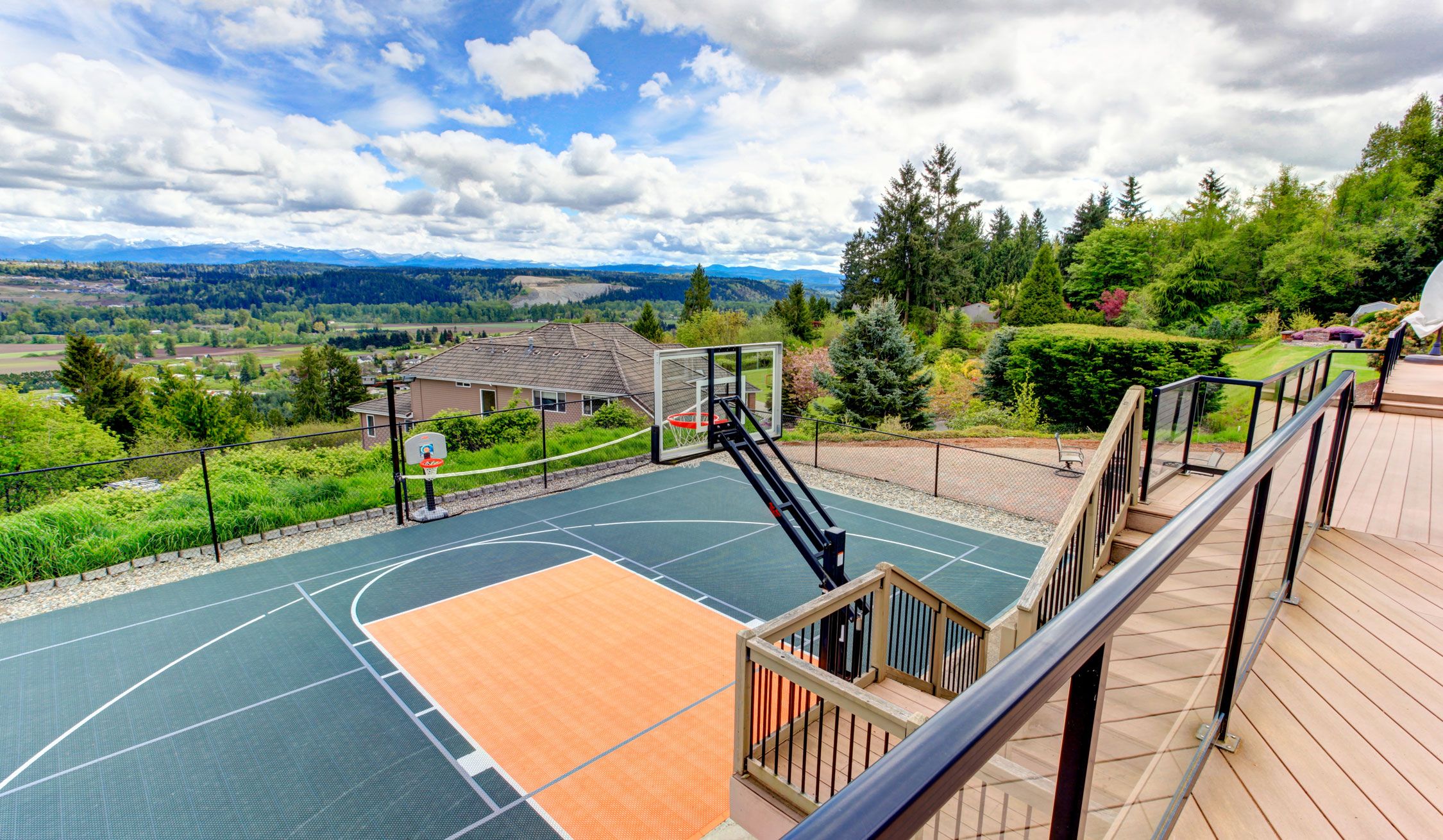 rec area, mountain landscape, basketball court